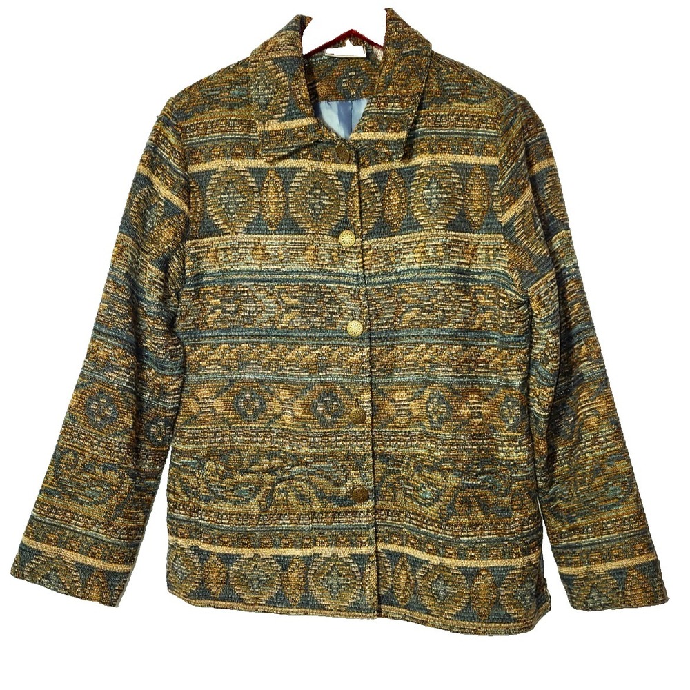 Napa Valley Tapestry 5 Button Blazer Gold Threads Size Petite Large Career